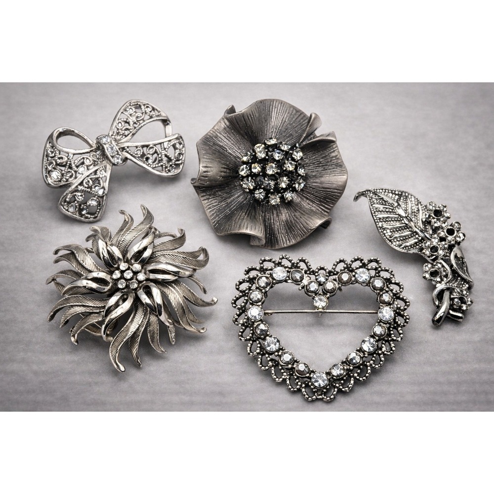 Brooch Lot 5pc Silver Tone Rhinestone Floral Starburst Heart Bow Dimensional